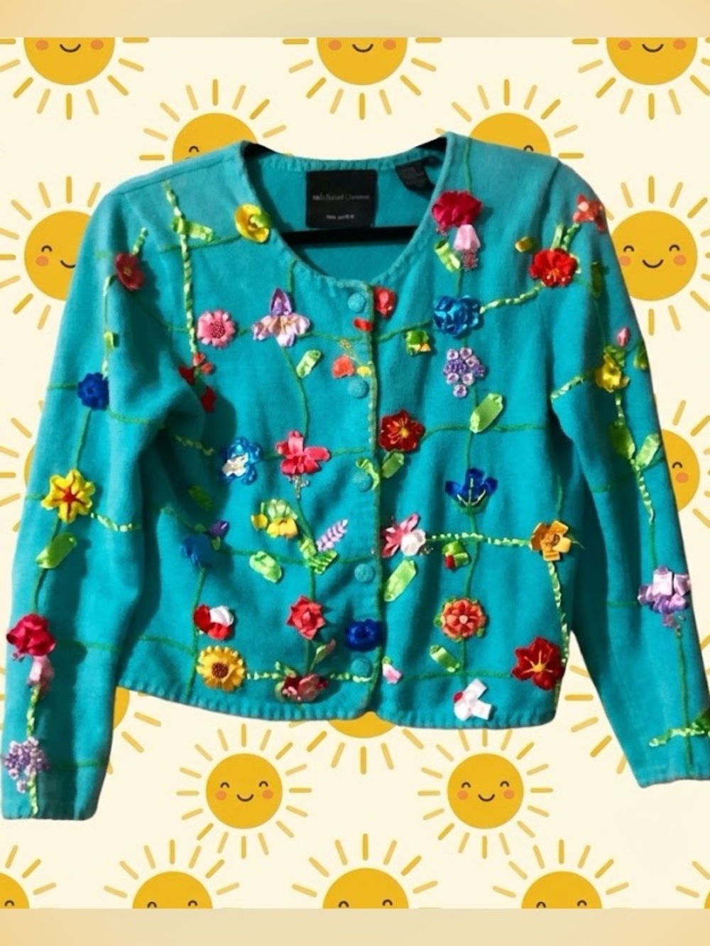 Vintage Michael Simon 3D Ribbon Floral Art-to-Wear Cardigan